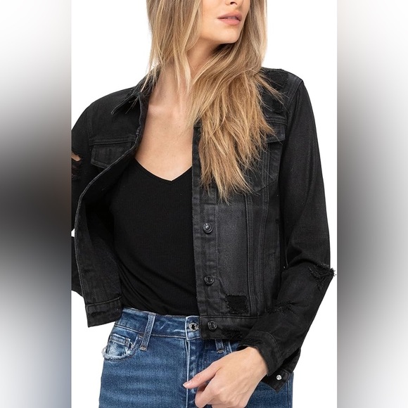 Vervet black coated distressed denim jacket classic crop fit size large - Picture 2 of 10